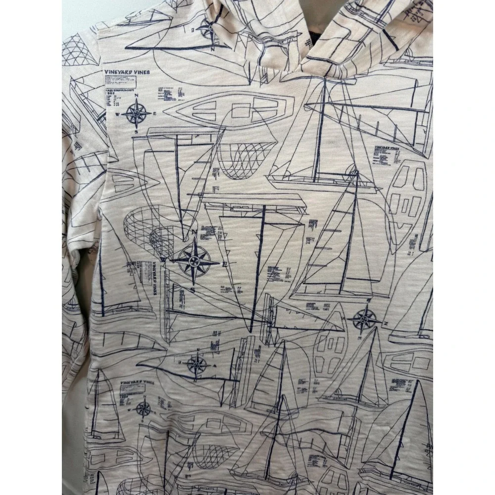Vineyard Vines Kids Island Hoodie Sailboat Print Pima Cotton White Blue S‎ 8/10